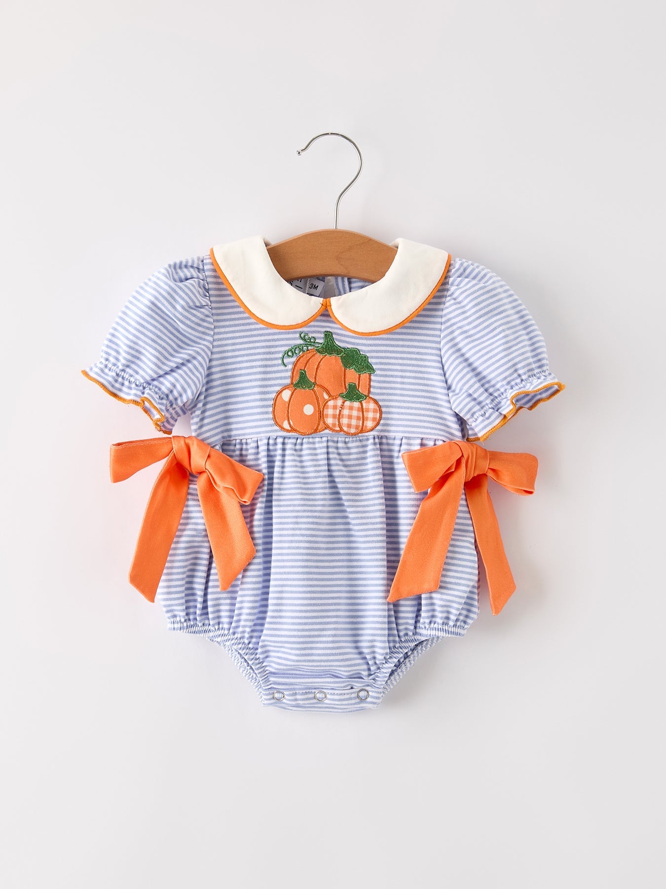 Fall Thanksgiving and Halloween Lapel Stripe Pumpkin Applique Bow Girls Romper - Abbies Place