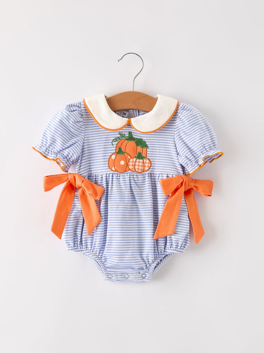 Fall Thanksgiving and Halloween Lapel Stripe Pumpkin Applique Bow Girls Romper - Abbies Place