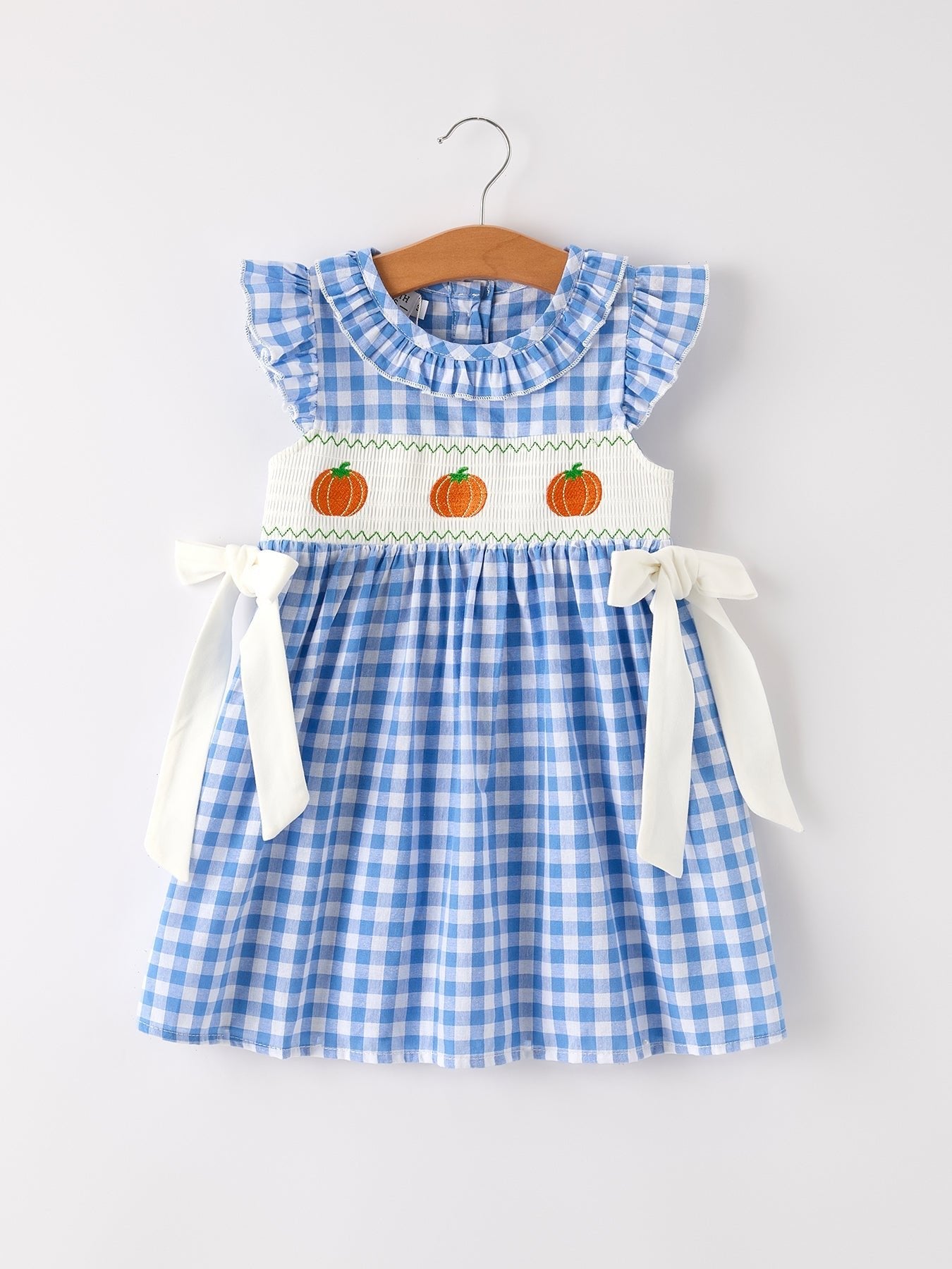 Fall Thanksgiving& Halloween Blue Pumpkin Smock Embroidery Baby Girl Dress - Abbies Place