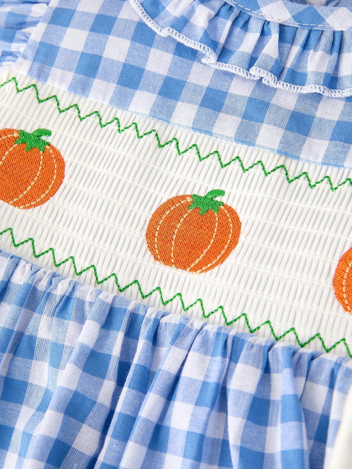 Fall Thanksgiving& Halloween Blue Pumpkin Smock Embroidery Baby Girl Dress - Abbies Place