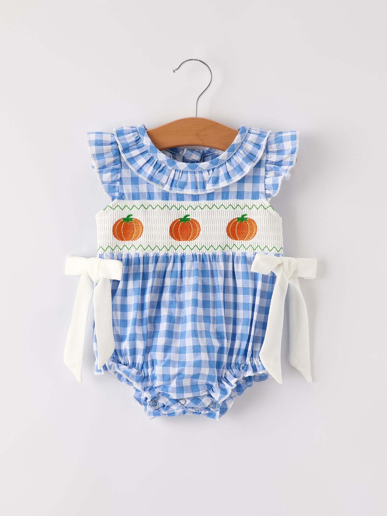 Fall Thanksgiving& Halloween Blue Pumpkin Smock Embroidery Baby Girl Romper - Abbies Place