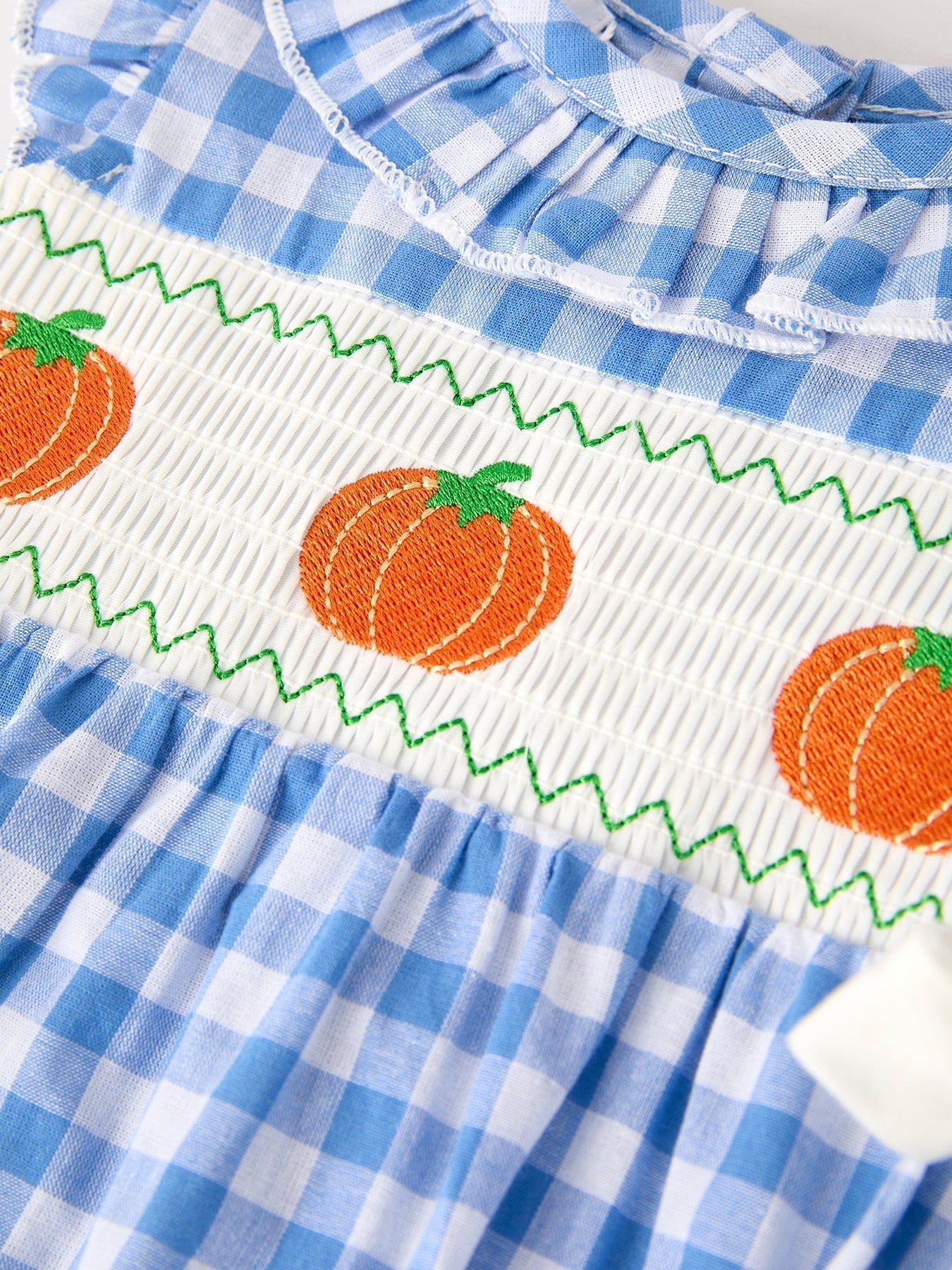 Fall Thanksgiving& Halloween Blue Pumpkin Smock Embroidery Baby Girl Romper - Abbies Place