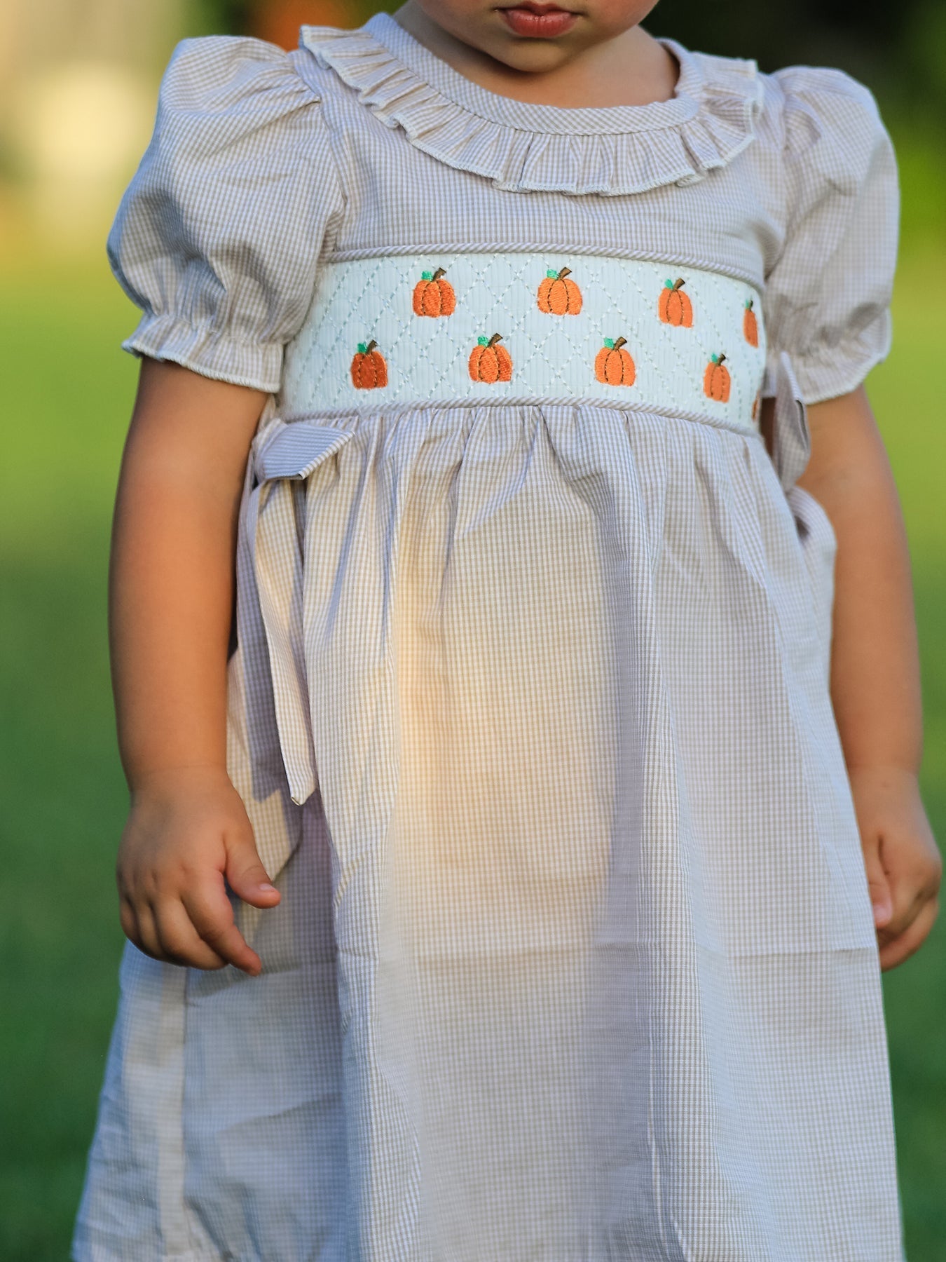 Fall Thanksgiving Pumpkin Embroidery Smock Plaid Girls Dress - Abbies Place