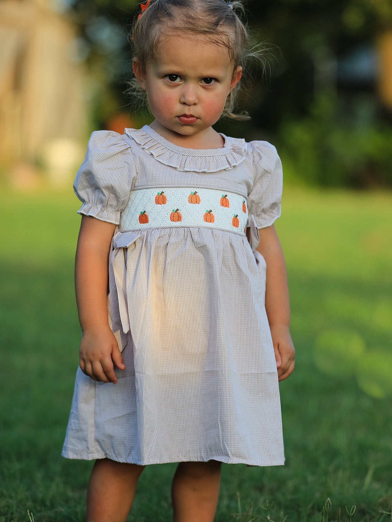 Fall Thanksgiving Pumpkin Embroidery Smock Plaid Girls Dress - Abbies Place