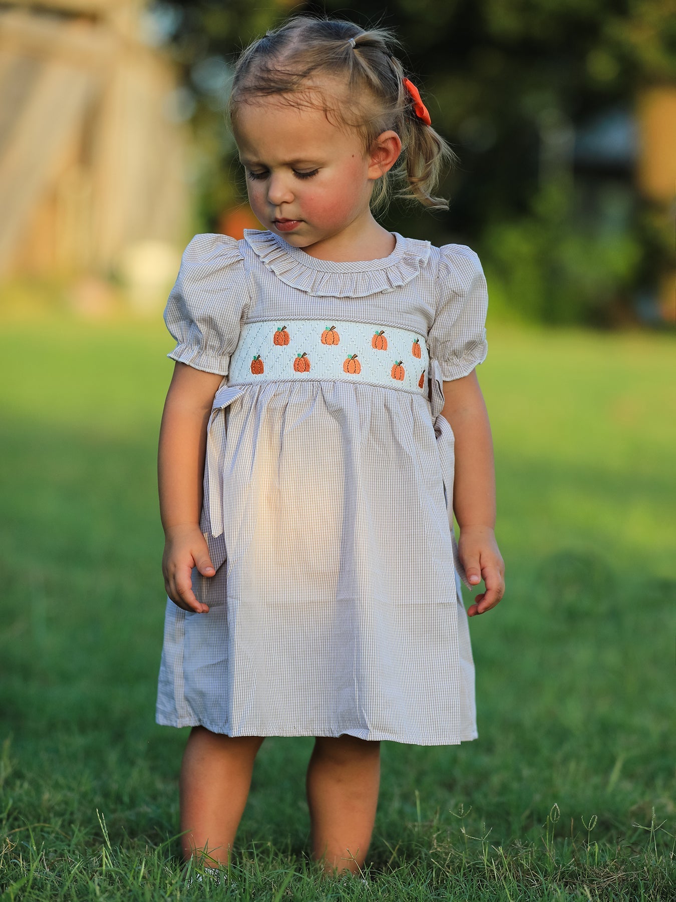 Fall Thanksgiving Pumpkin Embroidery Smock Plaid Girls Dress - Abbies Place