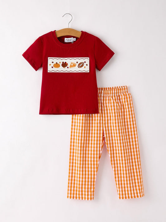 Fall Turkey Embroidered Boy Set – Orange Checkered with Thanksgiving Details - Abbies Place