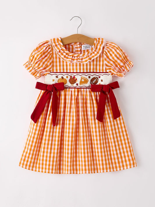 Fall Turkey Embroidered Dress for Girls – Orange Checkered with Thanksgiving Details - Abbies Place