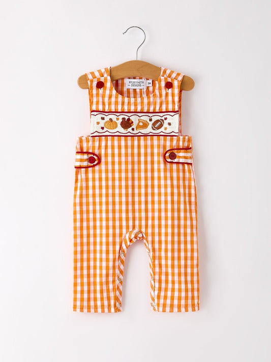 Fall Turkey Embroidered Romper for Baby Boys – Orange Checkered with Thanksgiving Details - Abbies Place