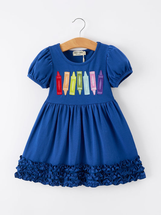 Girls Back To School Crayon Twirl Dress Ruffle Applique - Abbies Place