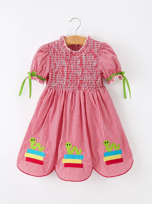 Girls Back To School Worm Plaid Twirl Dress Smocked - Abbies Place