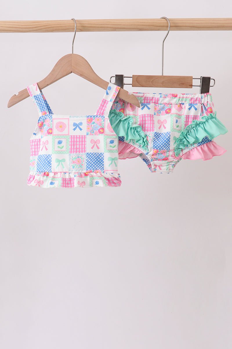Green Bow Checkered Ruffle 2pc Swimsuit - Abbies Place