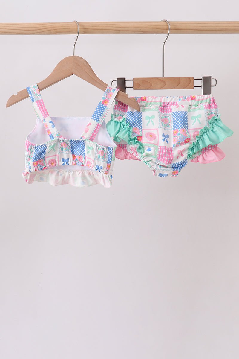 Green Bow Checkered Ruffle 2pc Swimsuit - Abbies Place