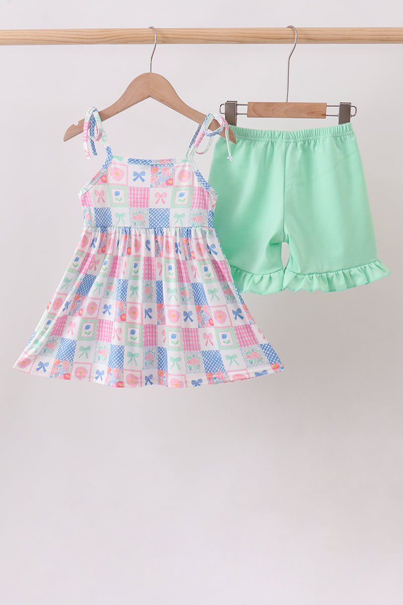 Green Bow Checkered Ruffle Shorts Set - Abbies Place