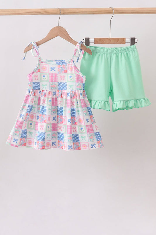 Green Bow Checkered Ruffle Shorts Set - Abbies Place