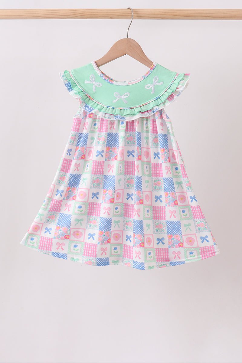 Green Bow Embroidered Checkered Dress - Abbies Place