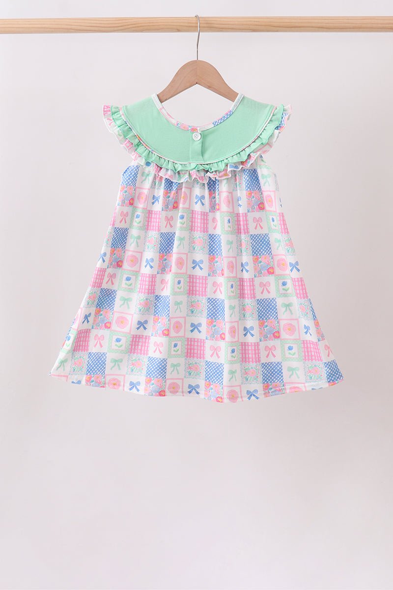 Green Bow Embroidered Checkered Dress - Abbies Place