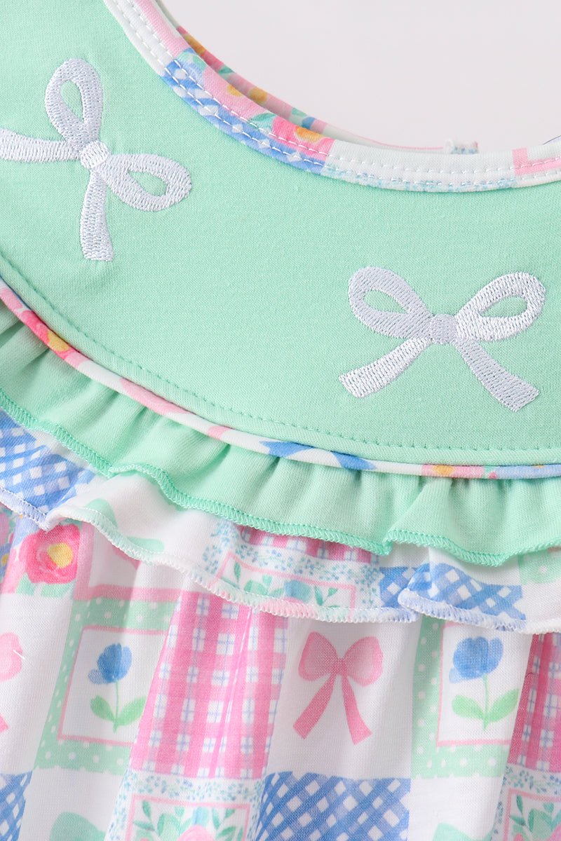 Green Bow Embroidered Checkered Dress - Abbies Place