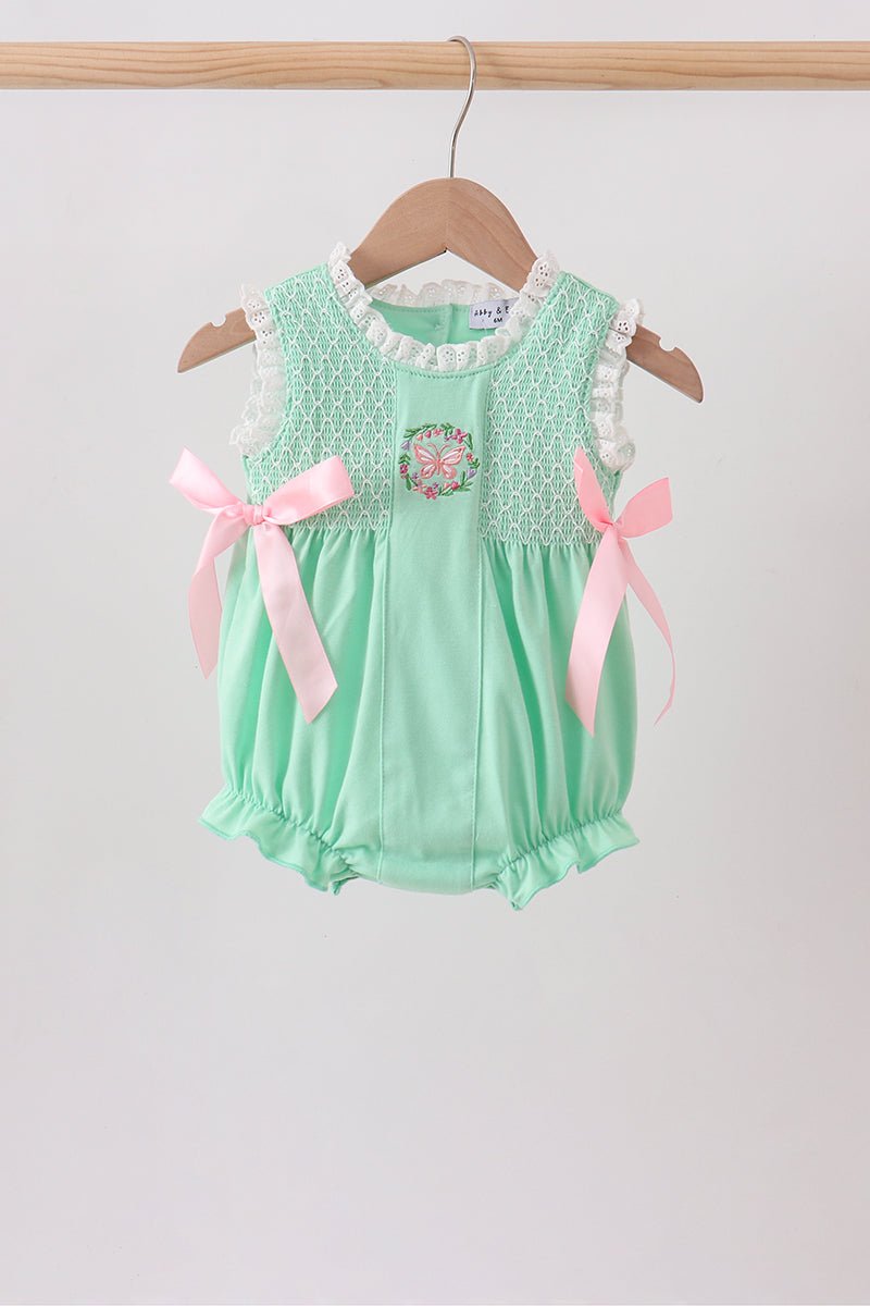Green Butterfly Smocked Lace Bubble - Abbies Place
