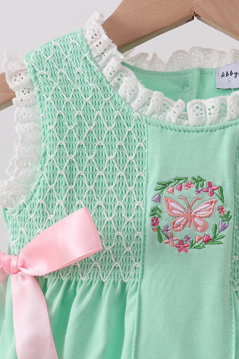 Green Butterfly Smocked Lace Bubble - Abbies Place