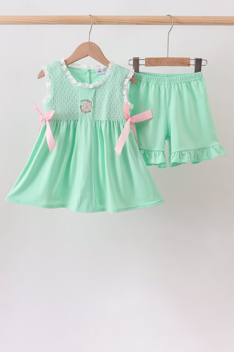 Green Butterfly Smocked Ruffle Shorts Set - Abbies Place