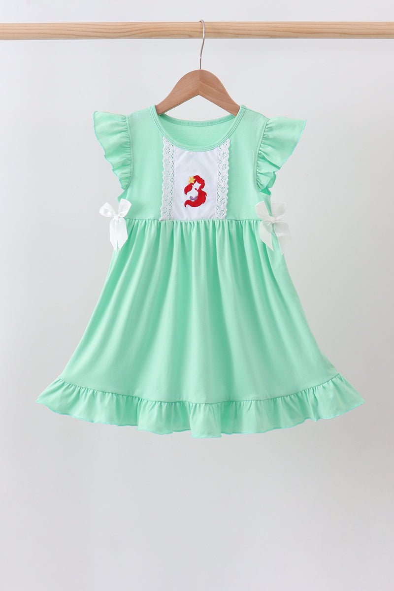 Green character embroidery ruffle dress - Abbies Place