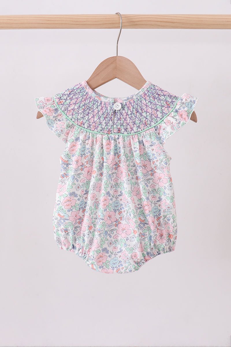 Green Floral Smocked Bubble - Abbies Place