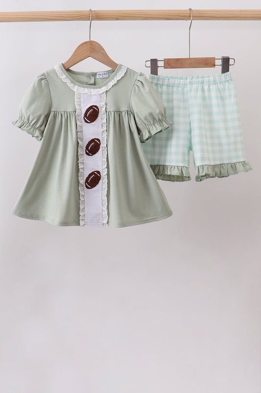 Green football french knot gingham ruffle shorts set - Abbies Place