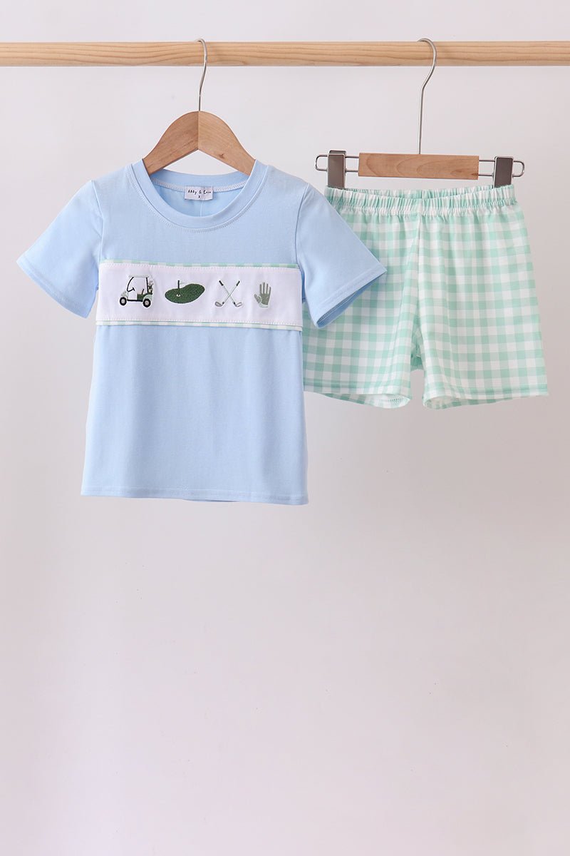Green Golf Embroidered Gingham Set - Abbies Place
