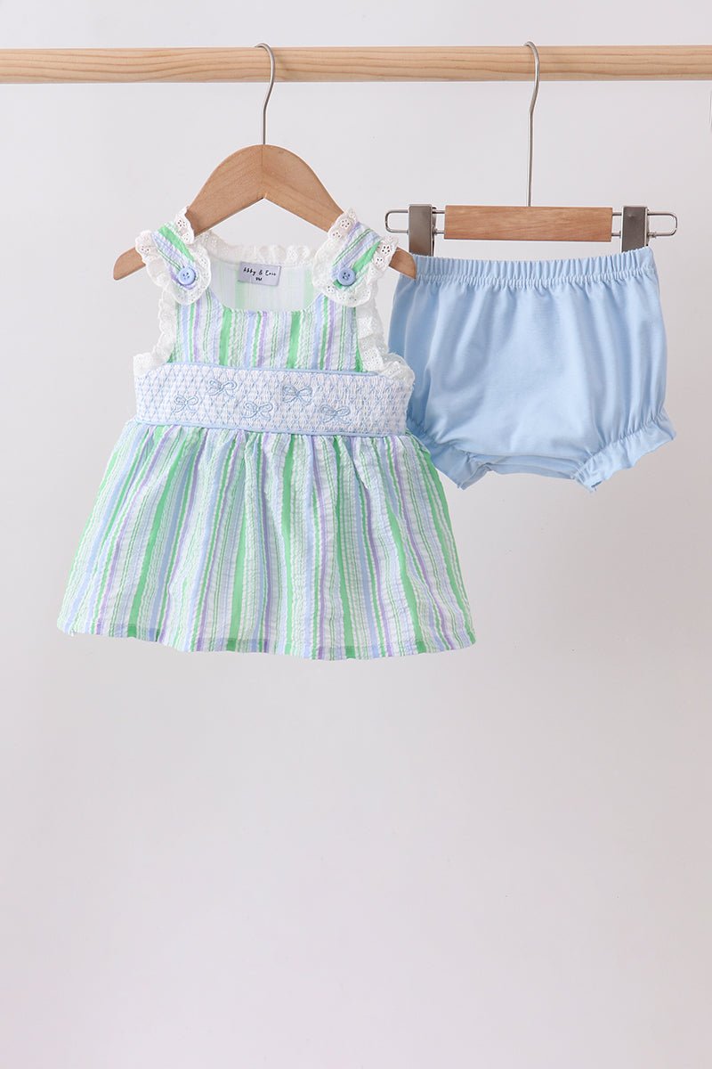 Green Stripe Smocked Bow Seersucker Bloomer Set - Abbies Place
