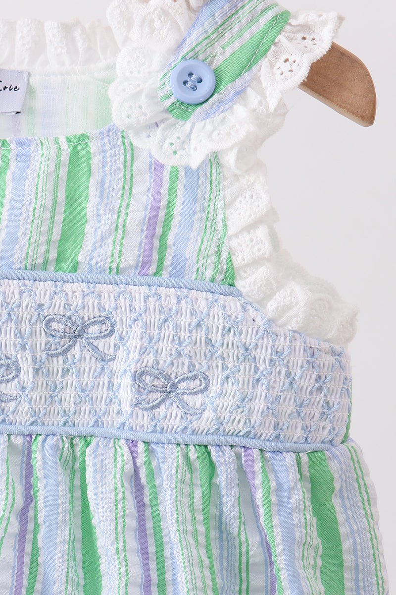 Green Stripe Smocked Bow Seersucker Bubble - Abbies Place