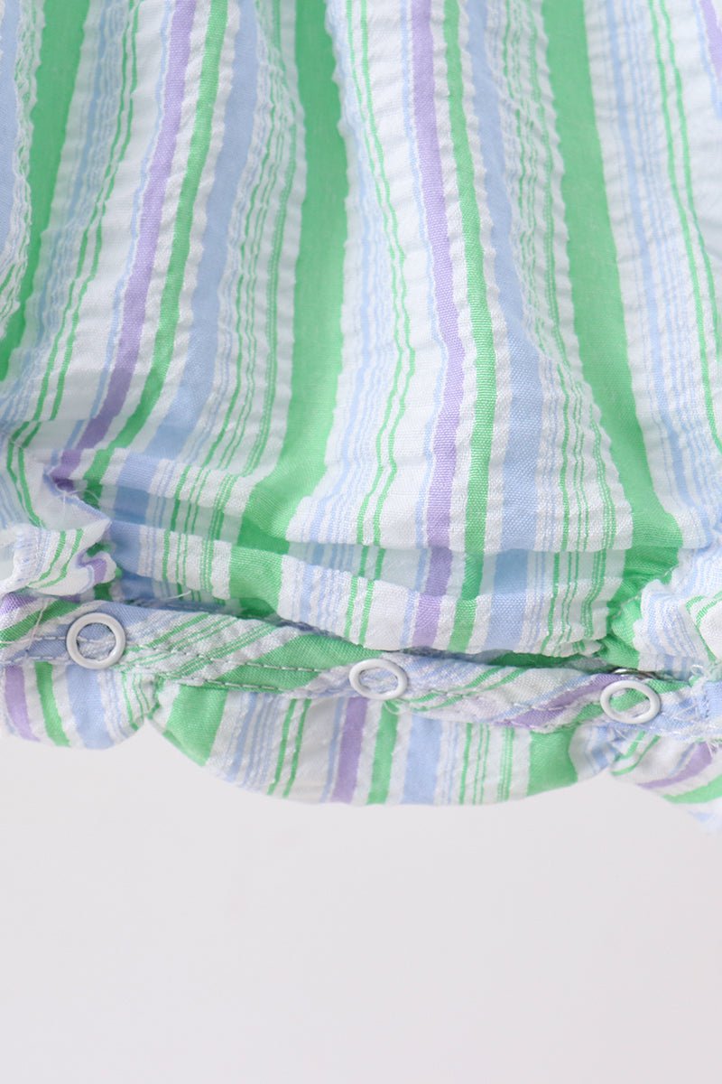 Green Stripe Smocked Bow Seersucker Bubble - Abbies Place