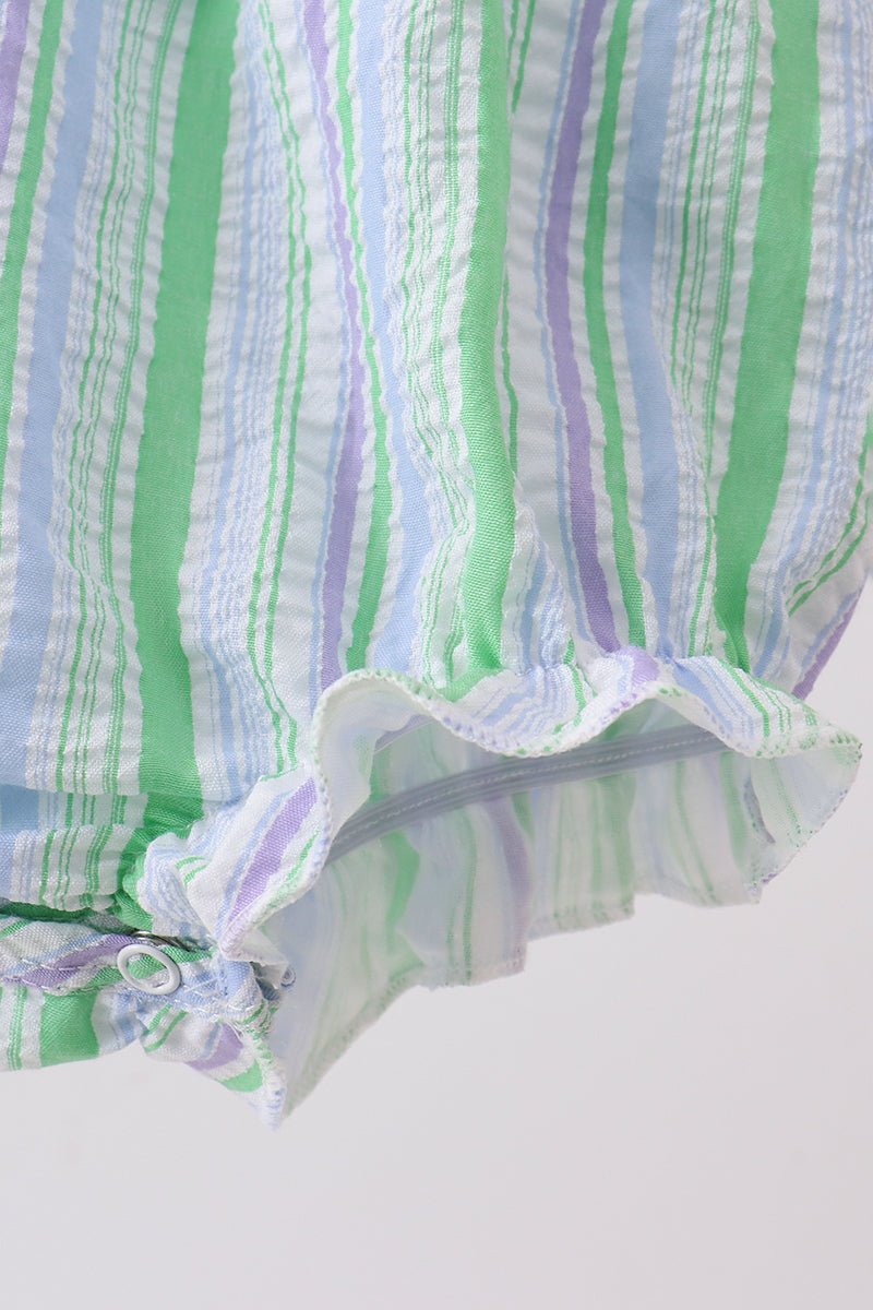 Green Stripe Smocked Bow Seersucker Bubble - Abbies Place