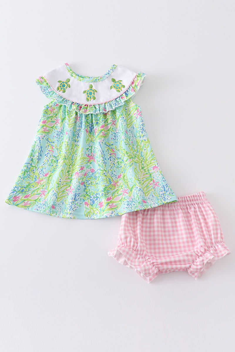 Green Turtle Embroidered Bloomer Set - Abbies Place