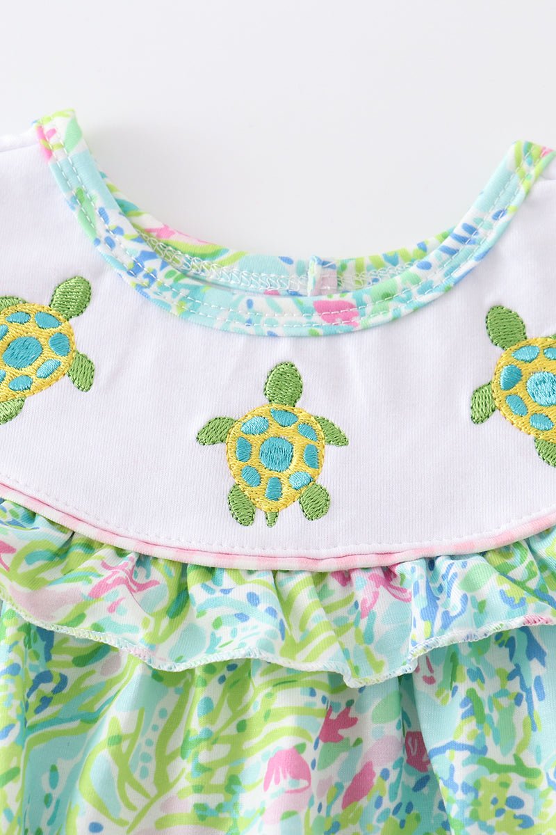 Green Turtle Embroidered Ruffle Bubble - Abbies Place