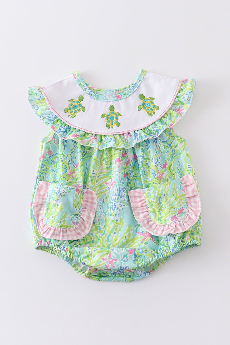 Green Turtle Embroidered Ruffle Bubble - Abbies Place