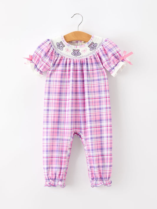 Halloween Plaid Bat Smocked Girls Romper - Abbies Place