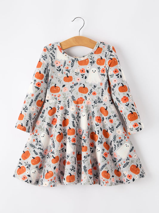 Halloween Pumpkin Ghost Girls Dress Long Sleeve Twirl Dress - Abbies Place