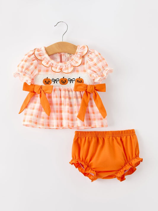 Halloween Pumpkin Plaid Girls Bloomer Set - Abbies Place