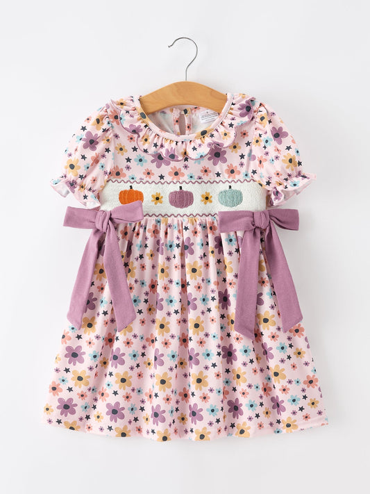 Halloween Thanksgiving Pumpkin Floral Bow Girls Dress - Abbies Place