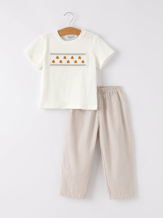 Halloween & Thanksgiving Pumpkin Smock Embroidered Plaid Boys 'Set - Abbies Place