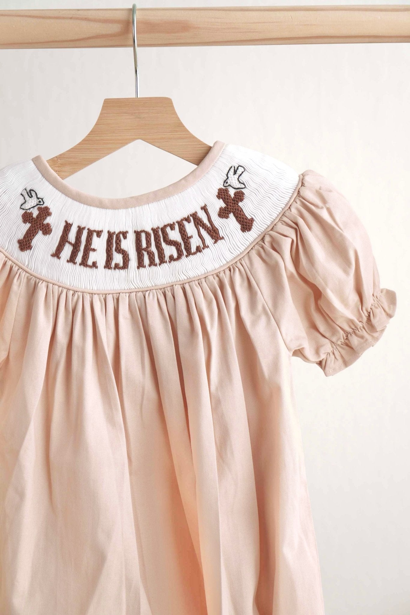 Khaki he is risen hand-smocked girl bubble - Abbies Place
