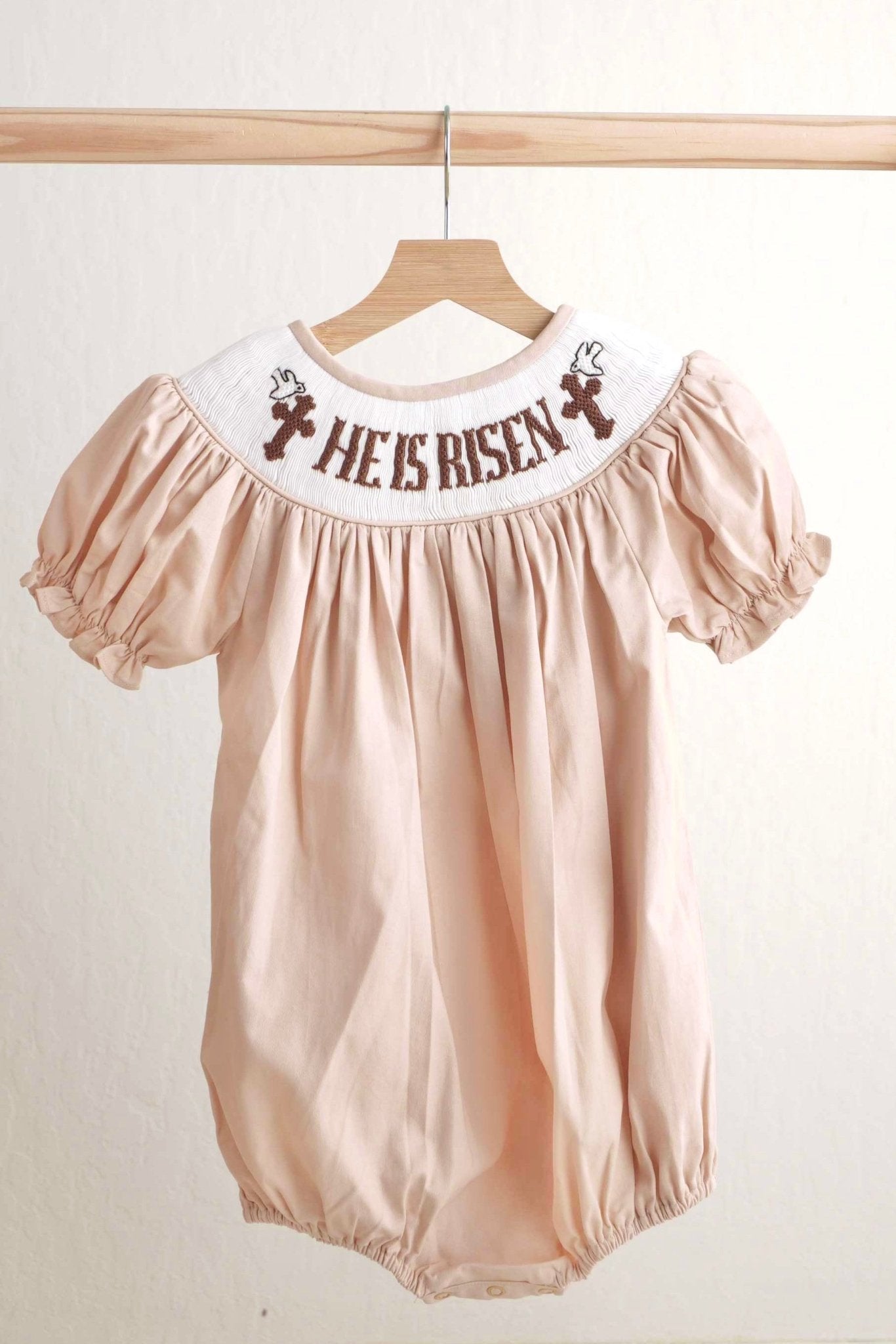 Khaki he is risen hand-smocked girl bubble - Abbies Place