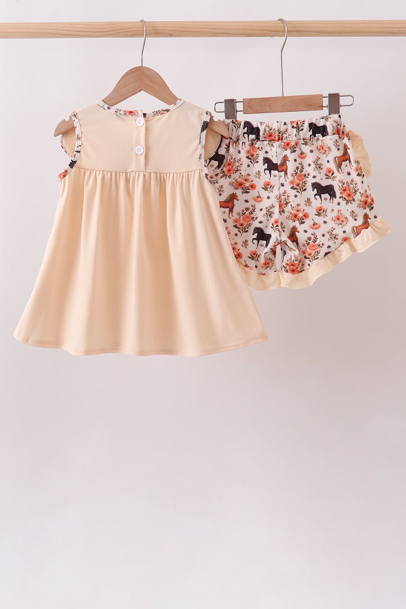Khaki horse embroidery ruffle shorts set - Abbies Place
