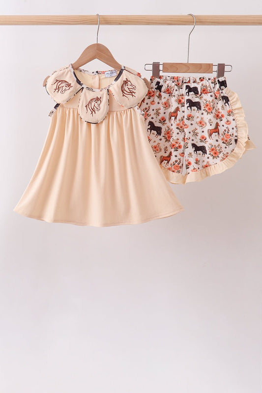 Khaki horse embroidery ruffle shorts set - Abbies Place