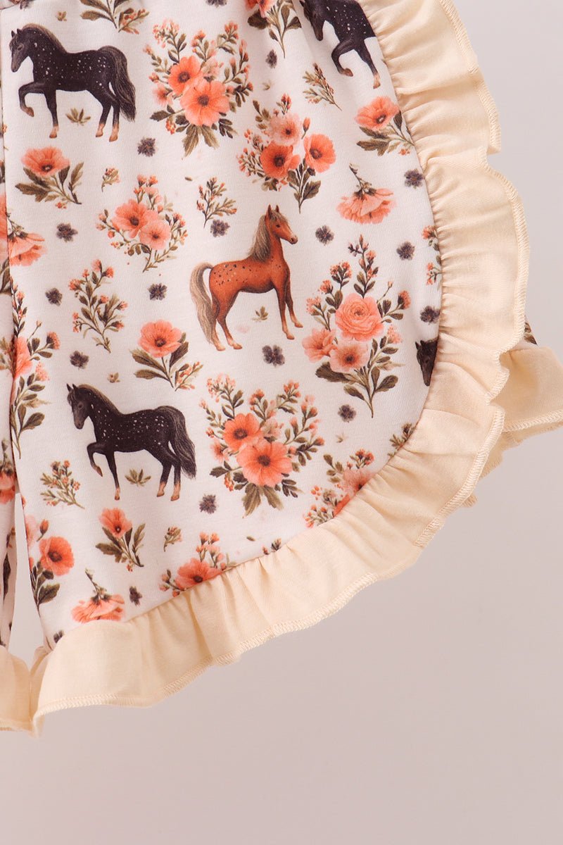 Khaki horse embroidery ruffle shorts set - Abbies Place