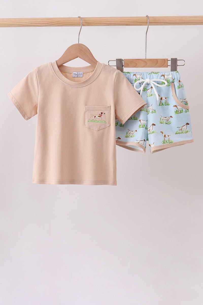 Khaki Puppy Embroidered Shorts Set - Abbies Place