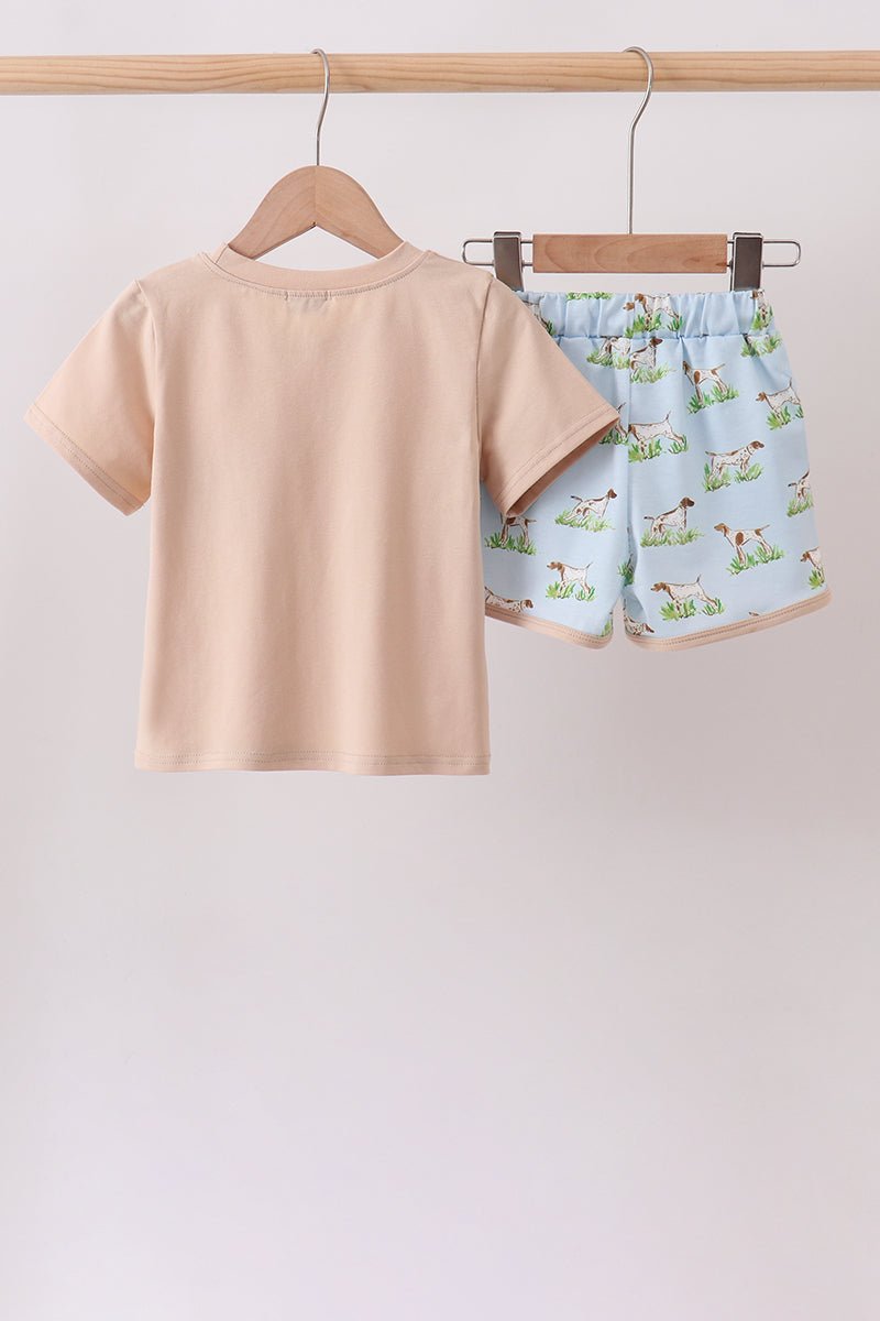 Khaki Puppy Embroidered Shorts Set - Abbies Place