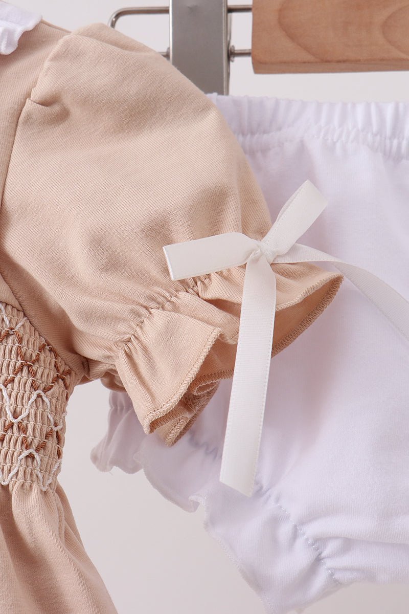 Khaki Puppy Smocked Bloomer Set - Abbies Place