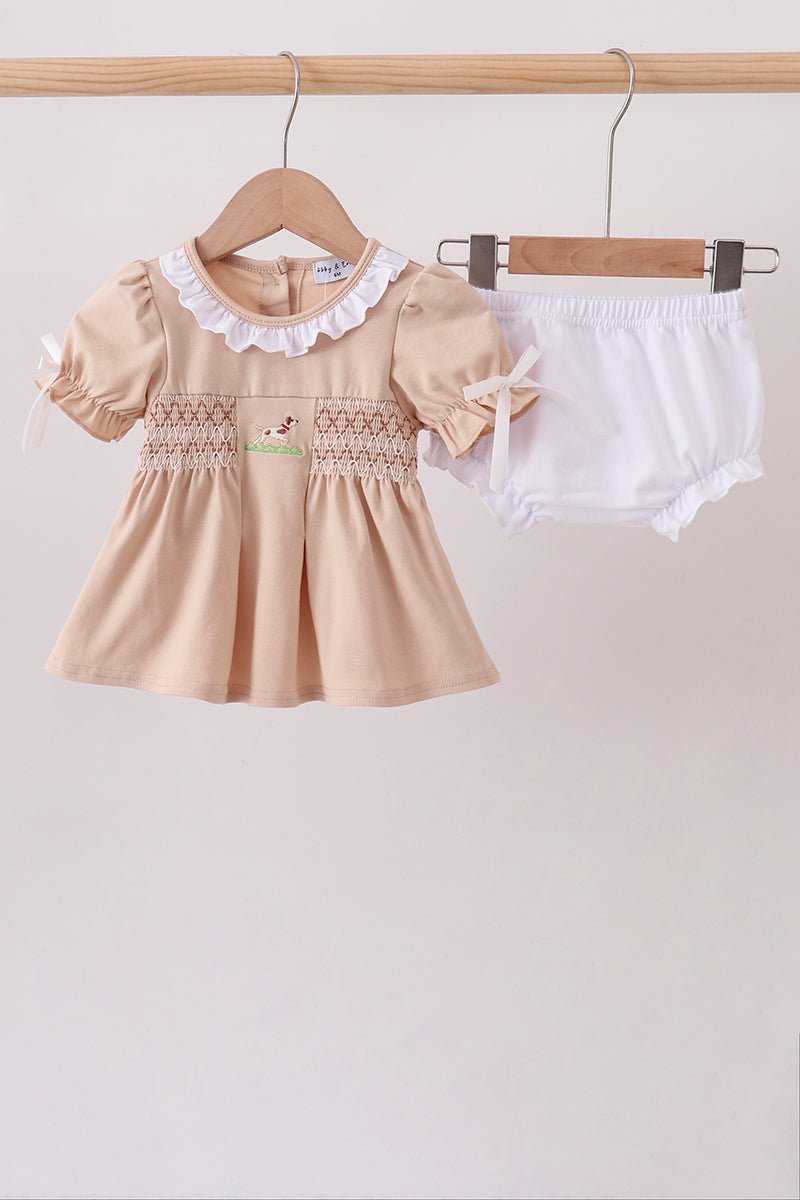 Khaki Puppy Smocked Bloomer Set - Abbies Place