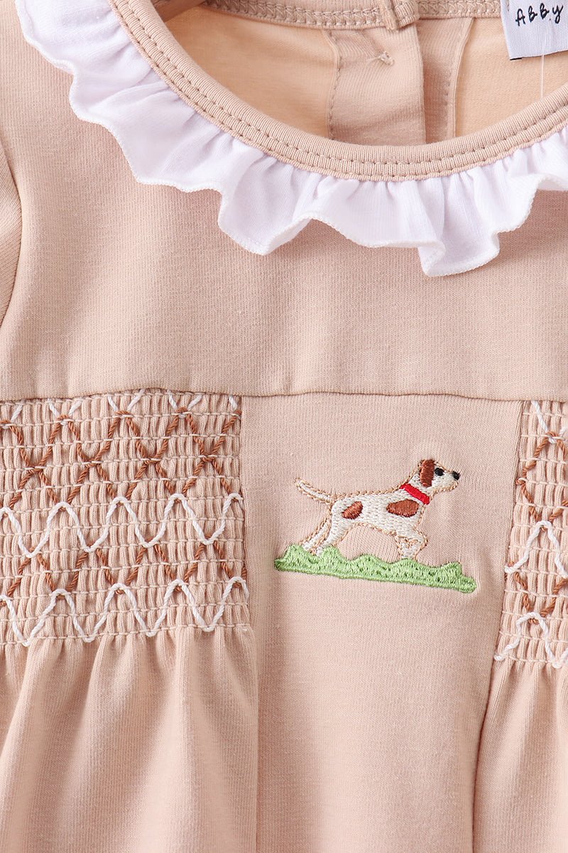 Khaki Puppy Smocked Bloomer Set - Abbies Place